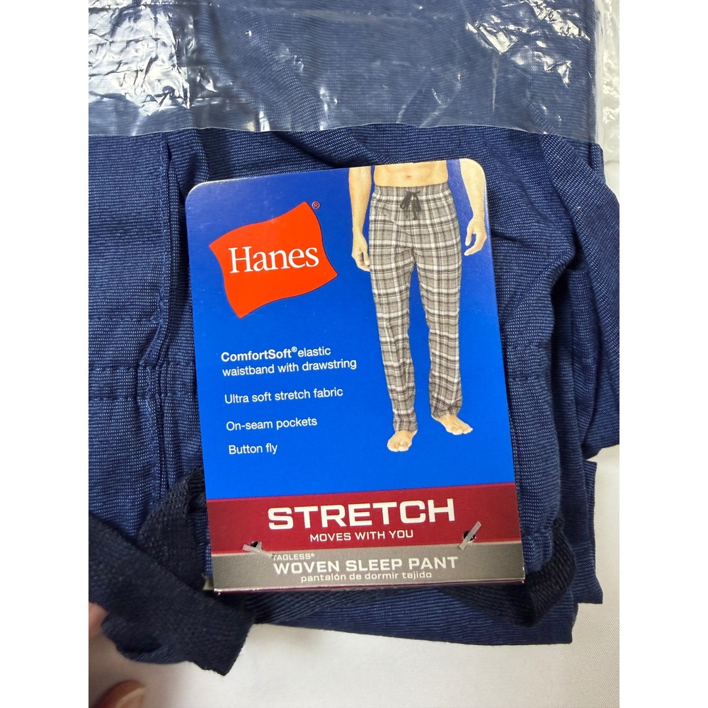 Hanes Mens Stretch Woven Sleep Pant Navy‎ Blue Elastic Drawstring Button Fly S - Picture 3 of 8